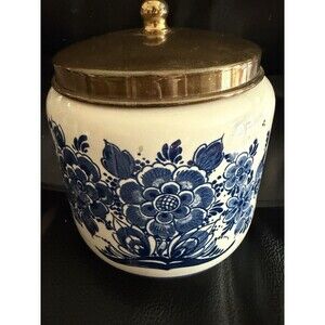 VTG Dutch Delft Blauw Blue Floral Tobacco Jar Hand painted Brass Lid Holland ‘77
